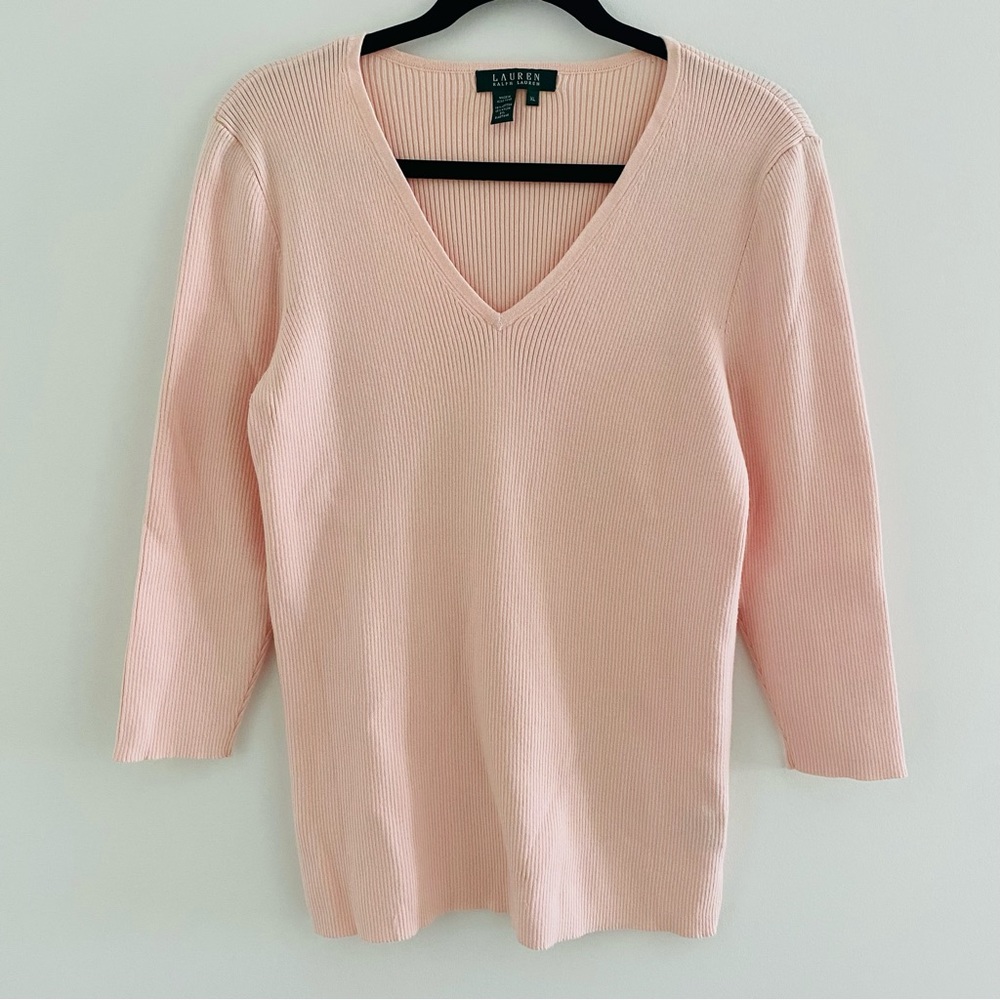 Lauren Ralph Lauren Ribbed V-Neck 3/4 Sleeves Sweater Stretchy Light Pink